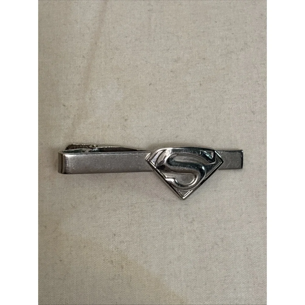 Superman Logo Emblem Shield Tie Bar Clip Silver Tone Stainless Steel Mens